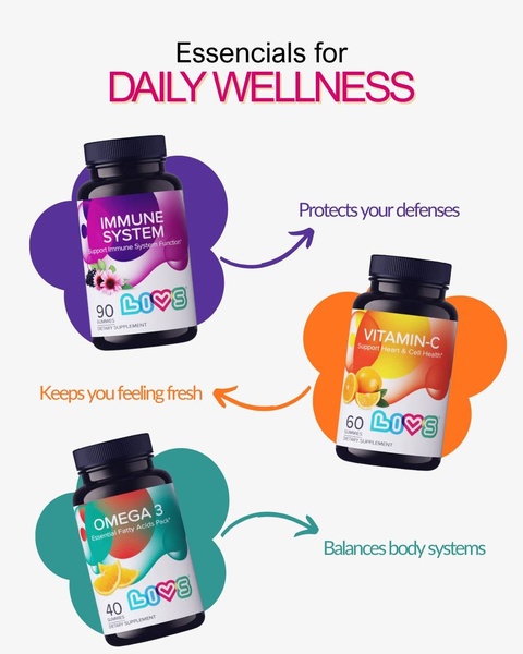This ad creative displays three distinct dietary supplement bottles surrounded by colorful, organic shapes, with arrows connecting each product to its specific health benefit.